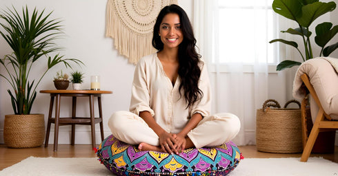 32 Inch INDIAN CRAFT CASTLE ICC Meditation Floor Pillow Cover, Round Large Pillow Cover Seating for Adults, Bohemian