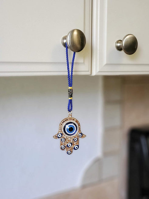 Hamsa Hand Amulet Pendant w/Crystal Rhinestones, Blue, White & Black Evil Eye Car Hanging Ornament