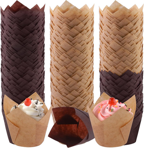 Aodaer 240 Pieces Mini Tulip Baking Cups Muffin Liners for Wedding, Birthday, Baby Shower, Brown, Natural