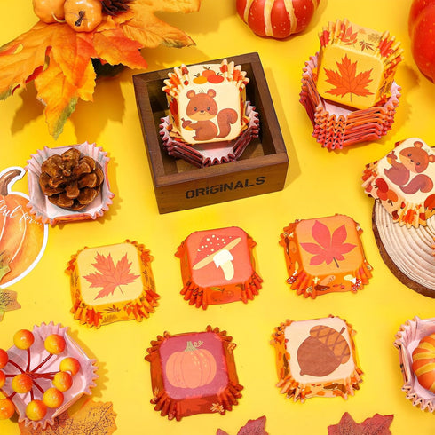 Whaline 600Pcs Fall Thanksgiving Mini Square Cupcake Liners, Pumpkin Leaf Acorn Cupcake Wrappers