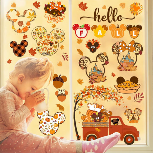 Fall Window Clings, 9 Sheets Mouse Themed Stickers for Glass Windows, Thanksgiving Decorations
