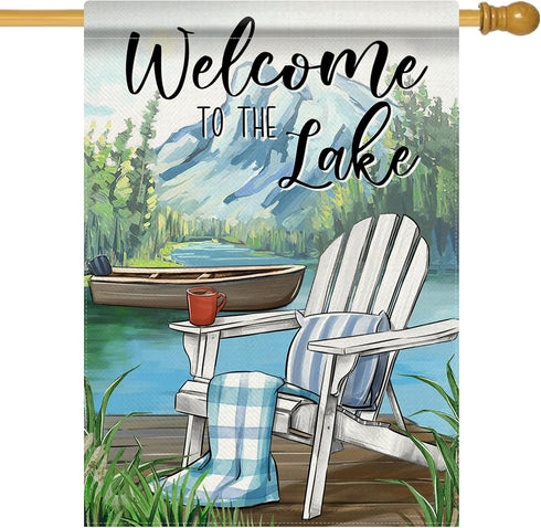 Welcome To The Lake Adirondack Chair Decorative House Flag, Spring Summer Lakehouse Boat Garden Yard Decor 28 x 40
