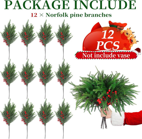 12Pcs Christmas Norfolk Pine Stems with Red Berries, Real Touch Artificial Norfolk Pine Branches for Vase,DIY Crafts