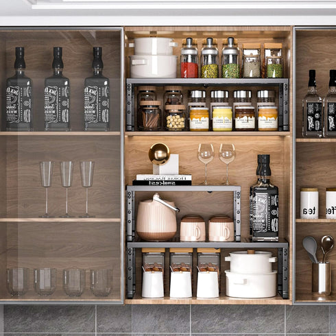 Countertop, (1Pack/Black,Large) Expandable Adjustable Cabinet Shelf Organizer - Stackable Metal Spice Rack for Kitchen