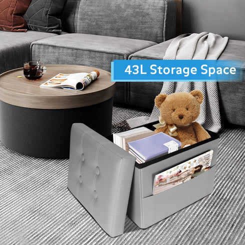 17 Inches Ottoman with Storage Foot Stool, Folding Storage Ottomans, Leather Upholstered Ottoman Foot Rest with Side