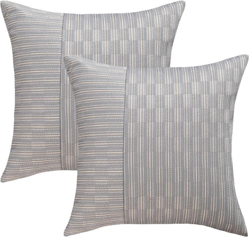 Kevin Textile Grey and Beige Farmhouse Striped Patchwork Linen Decorative Throw Pillows