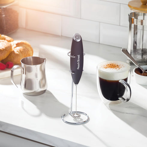 Powerful Handheld Milk Frother, Mini Milk Frother Wand, Battery Operated Stainless Steel Drink Mixer - Milk Frother Stand for Milk Coffee, Lattes, Cappuccino, Frappe, Matcha, Hot Chocolate. Great Gift by Peach Street