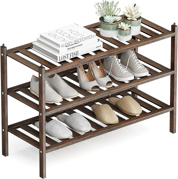 Dranixly Shoe Rack, 3-Tier Bamboo Stackable Shelf Storage Organizer, Stand for Closet, Entryway,