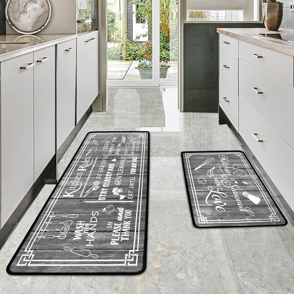 Grey Kitchen Rugs, Non-Skid Washable Microfiber Mats, Kitchen Rules Theme Decor Sets of 2