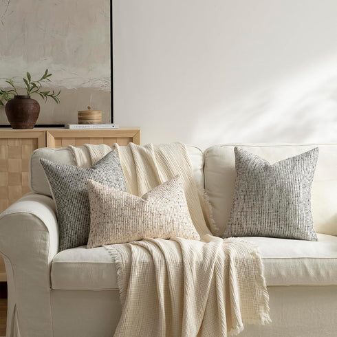 Purewish Pack 2 24x24 of Neutral Euro Sham Covers Boho Textured Dots Stripe Chenille Large Square Decorative Throw