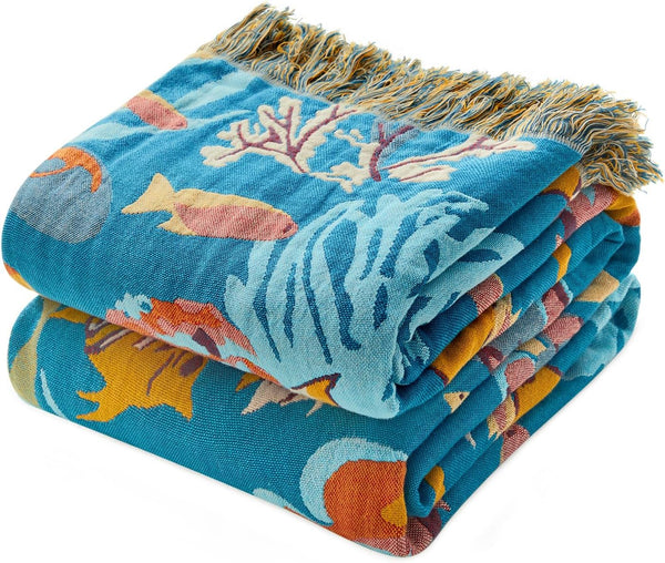 MSGKV Throw Blanket for Couch Cotton Cute Ocean Animals Blanket 50"x60" Sofa
