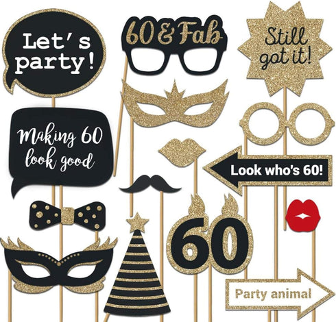 Fully Assembled 60th Birthday Photo Booth Props - Set of 30 - Cute Bday Designs with Real Glitter - Black & Gold Selfie