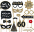 Fully Assembled 60th Birthday Photo Booth Props - Set of 30 - Cute Bday Designs with Real Glitter - Black & Gold Selfie