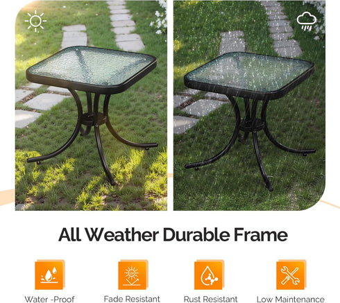 18" VINGLI Outdoor Side Table, Patio Table Steel Frame Tempered Glass Top, Weatherproof Small Tables for Balcony Garden