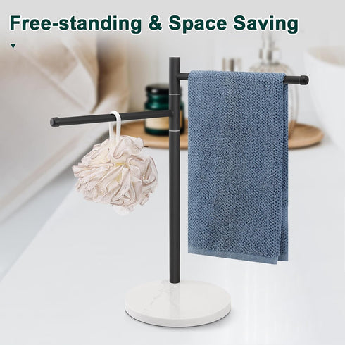 Hand Towel Holder, F-Shape Stand with Marble Base, Stainless Steel Swivel Rack for Bathroom Kitchen Countertop