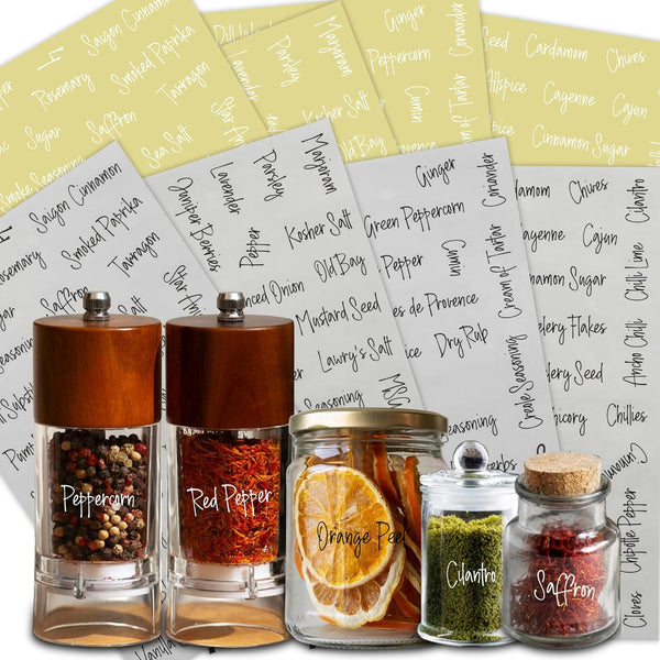 268 Clear Seasoning Jar Labels, Preprinted Kitchen Pantry Organization Labels, Waterproof Black White Script Sticker