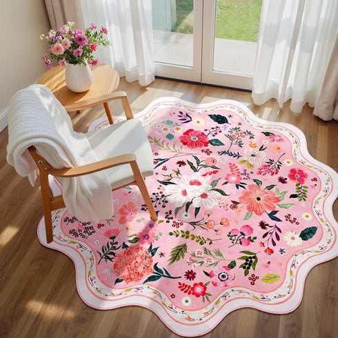 Macgace 5ft Pink Round Rug for Girls Bedroom, Machine Washable Floral Area Rugs with Non Slip Backing, Cute Flower