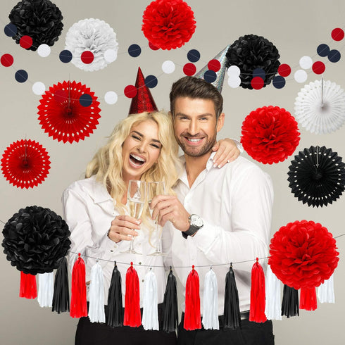 WILLBOND 29 Pcs Red and Black Decorations, Mouse Paper Decoration Fan Pom Pom for Graduation Birthday