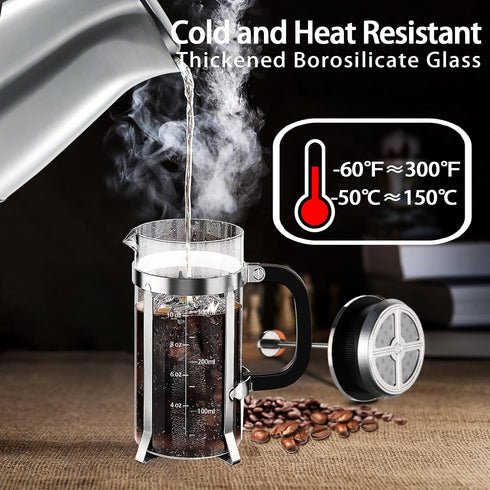 French Press Coffee Maker, 304 Stainless Steel with 4 Filters System, Heat Resistant Borosilicate Glass, BPA-Free
