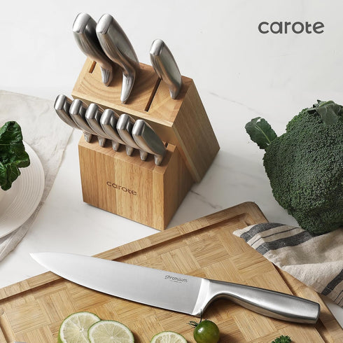 12-Piece Set, Set, CAROTE Knife All-Stainless Steel Knife Block Kitchen Knives with Wooden Block, Razor-Sharp