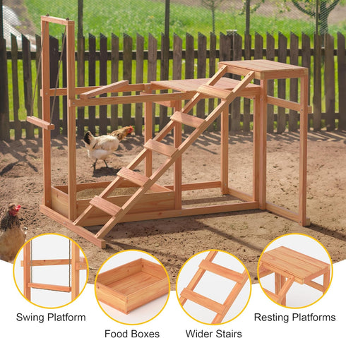 Set GOJOOASIS Chicken Activity Play - Poultry Run with Wood Stand, Ladder, Platforms, Swing, Food Storage, Chicken Toy