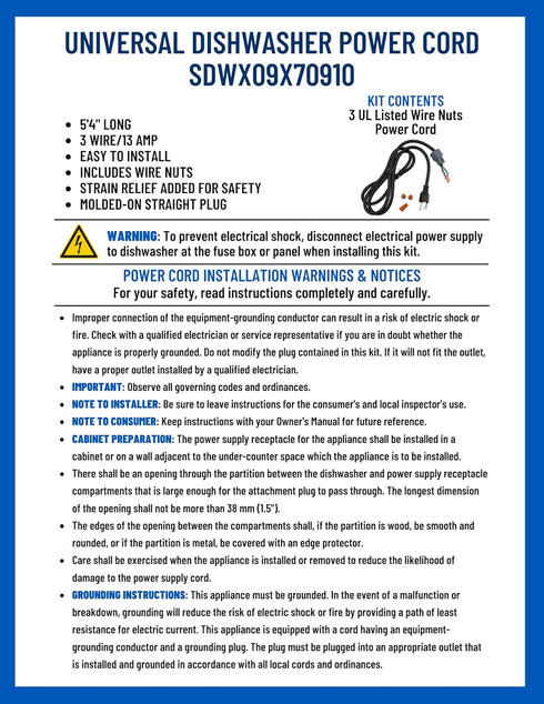 Supplying Demand WX09X70910 Dishwasher Power Cord Replacement, 5 Feet 4 Inches Long