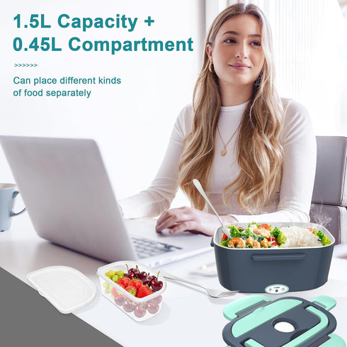 Electric Heated Lunch Box for Adults, 80W 1.5L Leak-Proof Stainless Steel Container, 12/24/110V with Fork & Spoon