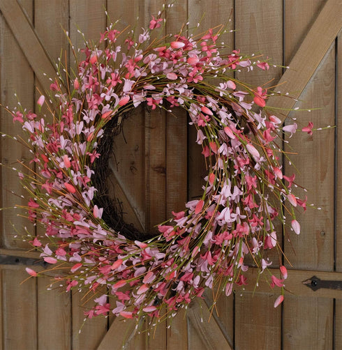 Bibelot 18inch Artificial Forsythia Flower Wreath, Pink, All Year Around Wreath for Front Door, Wedding Home Decor