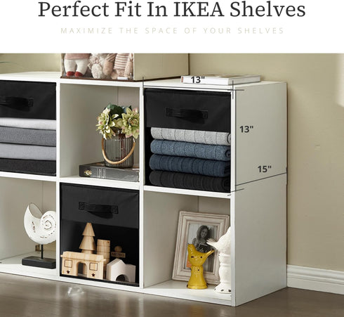 DECOMOMO Storage Baskets for Shelves - 13x15x13 Storage Cube Bins with Clear Window (Kallax / 4pcs, Black)