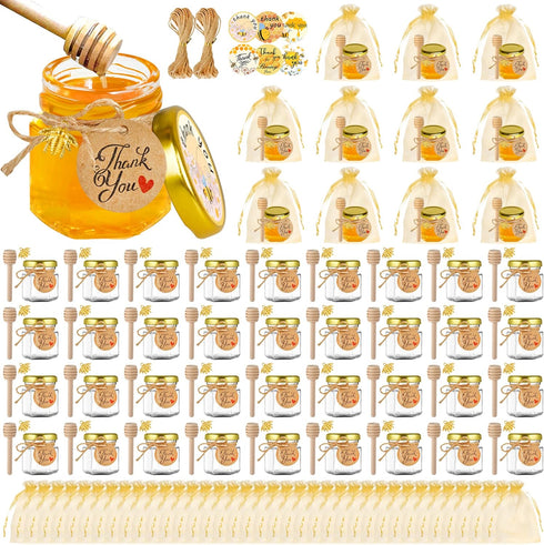 GIVAMEIHF Mini Honey jars-1.5oz,48 pcs Hexagon honey jars with dipper,gold cover,bee pendant,Gold