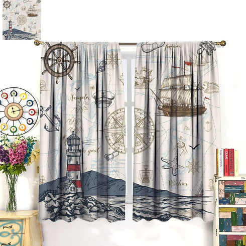 Sailboat 42x54in Nautical Curtains, Vintage Map Lighthouse Anchor Starfish Boat Anchor Sea Animal Blackout Window