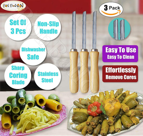 Zucchini Squash Vegetable Corer 3 pcs Stainless Steel Core Remover Tool, 8" Long for Stuffed Vegetables, Eggplant,