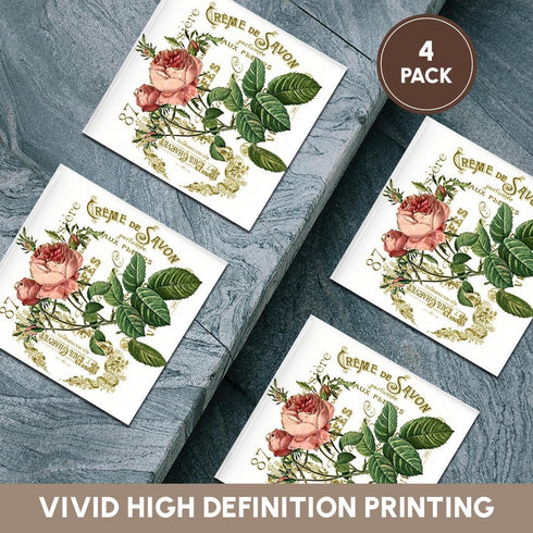 3dRose French Pink Rose Vintage-Ceramic Tile Coasters, Set of 4
