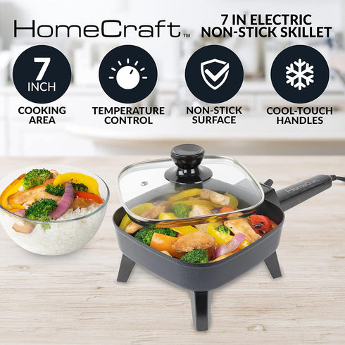 HomeCraft 7-Inch Electric Non-Stick Skillet, Adjustable Temperature Control, Cool-Touch Handle with Tempered Glass Lid, Perfect For Healthy Keto & Low-Carb Diets, Rice Bowls, & Eggs by Homecraft