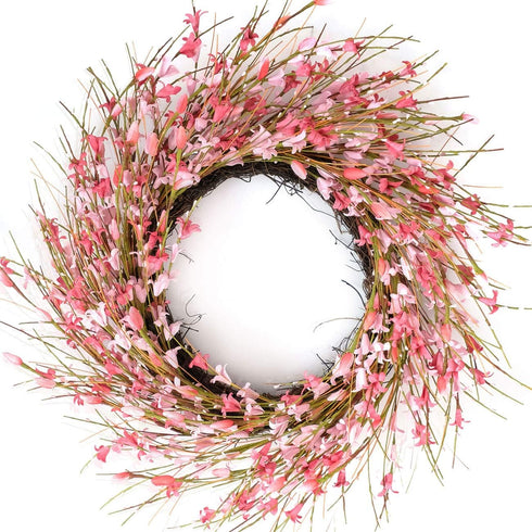 Bibelot 18inch Artificial Forsythia Flower Wreath, Pink, All Year Around Wreath for Front Door, Wedding Home Decor