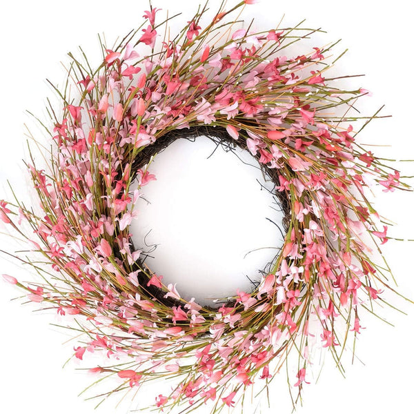 Bibelot 18inch Artificial Forsythia Flower Wreath, Pink, All Year Around Wreath for Front Door, Wedding Home Decor