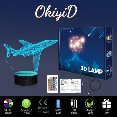 3D OkiyiD Airplane Gifts for Boy, Men, Aircraft Night Light, Gulfstream Illusion Lamp with Remote and Touch Control