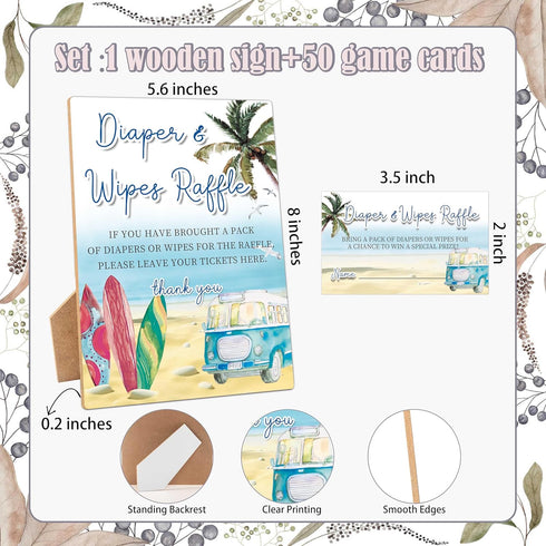Woukaup Summer 1 50 Diapers Wipes Raffle, Beach Surf Diaper Raffle Tickets for Baby Shower, Wooden Sign with Diaper