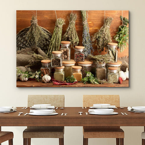 wall26 24"x36" Canvas Print Wall Art Rustic Italian Style Jarred Spices and Hanging Herbs Fruit Food Photography