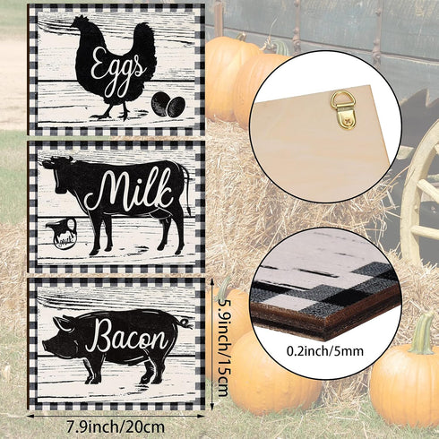 Jetec 3 Pieces Farmhouse Kitchen Decor, Wooden Pig Cow Chicken Signs, Rustic Buffalo Plaid Wall Art for Home Decorations