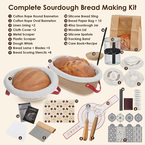 VONATES 40oz Sourdough Bread Baking Supplies, Sourdough Starter Kit, Cotton Rope Banneton Bread Proofing Basket