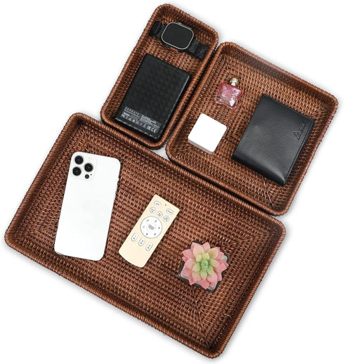 Rattan Serving Tray, Rectangular Woven Tray, Natural Wicker Decorative Baskets for Kitchen, Bathroom, Tabletop (Dark