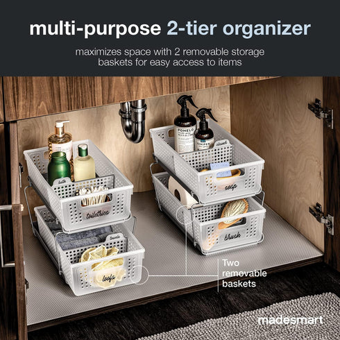 Madesmart 2-Tier Plastic Multipurpose Organizer with Divided Slide-Out Storage Bins, Under Sink and Cabinet Organizer Rack, Frost by madesmart