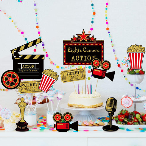 Hicarer 32 Pieces Movie Party Decorations Red Carpet Cutouts Cards Table Toppers Double Sided Printing Golden Black Red