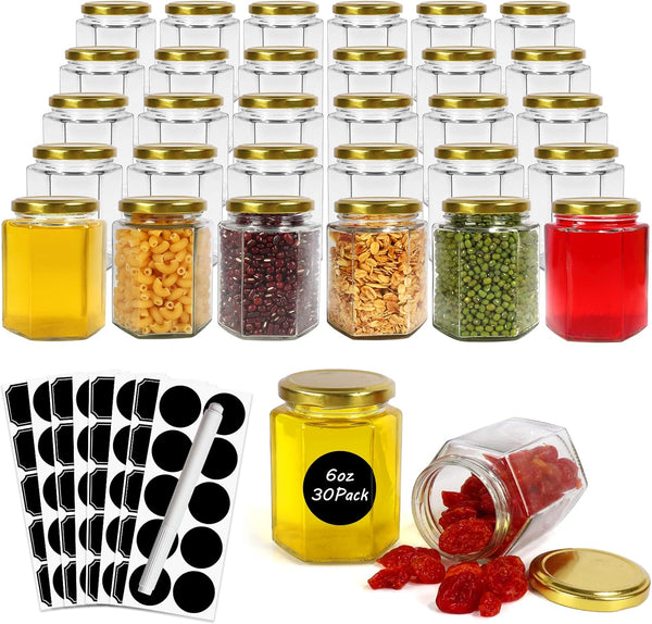 Betrome 30 Pack 6oz Hexagon Glass Jars with Gold Lids, Clear Glass Canning Jars for Jams, Shower Favors, Craft