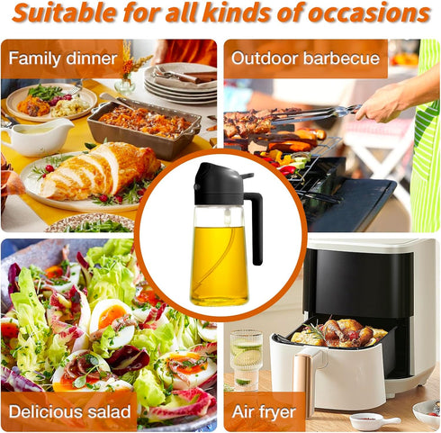 Olive Oil Dispenser, 2 in 1 Oil Sprayer for Cooking, 16oz/470ml Glass Oil Spray Bottle