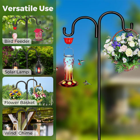 92" 5-Prong Hummingbird Kingsyard Adjustable Double Shepherds Hook for Outdoor - Heavy Duty Bird Feeder Pole w/ Base