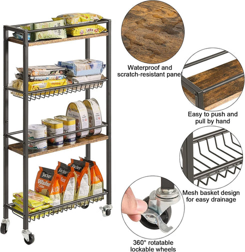 4-Tier 32.7" UHBR002H YMYNY Slim Kitchen Storage Rolling Cart, Utility Cart on Wheels, for Narrow Spaces, Laundry Room