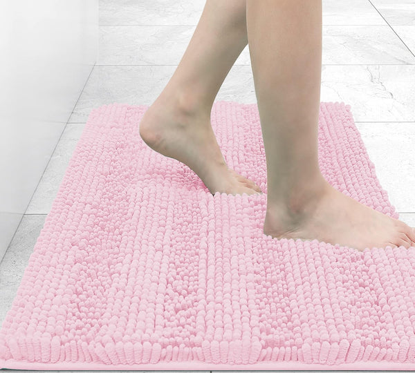 Grandaily Chenille Striped Bathroom Rugs, Extra Thick Non-Slip Soft Plush Bath Mats, Pink 30x20