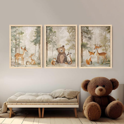 ICHZUMW Set 3, 12x16in Woodland Nursery Decor Wall Art of Cute Forest Friend Animal Canvas Prints Bear Fox Deer